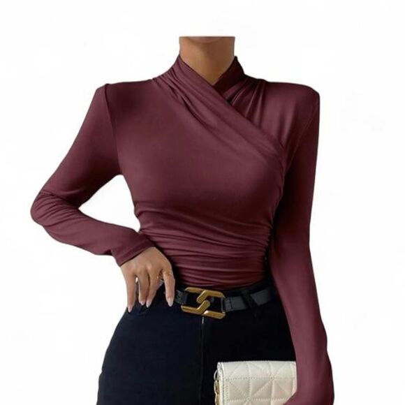 Commense Tops - Burgundy Ruched Wrap Long Sleeve Top Women's Size Small